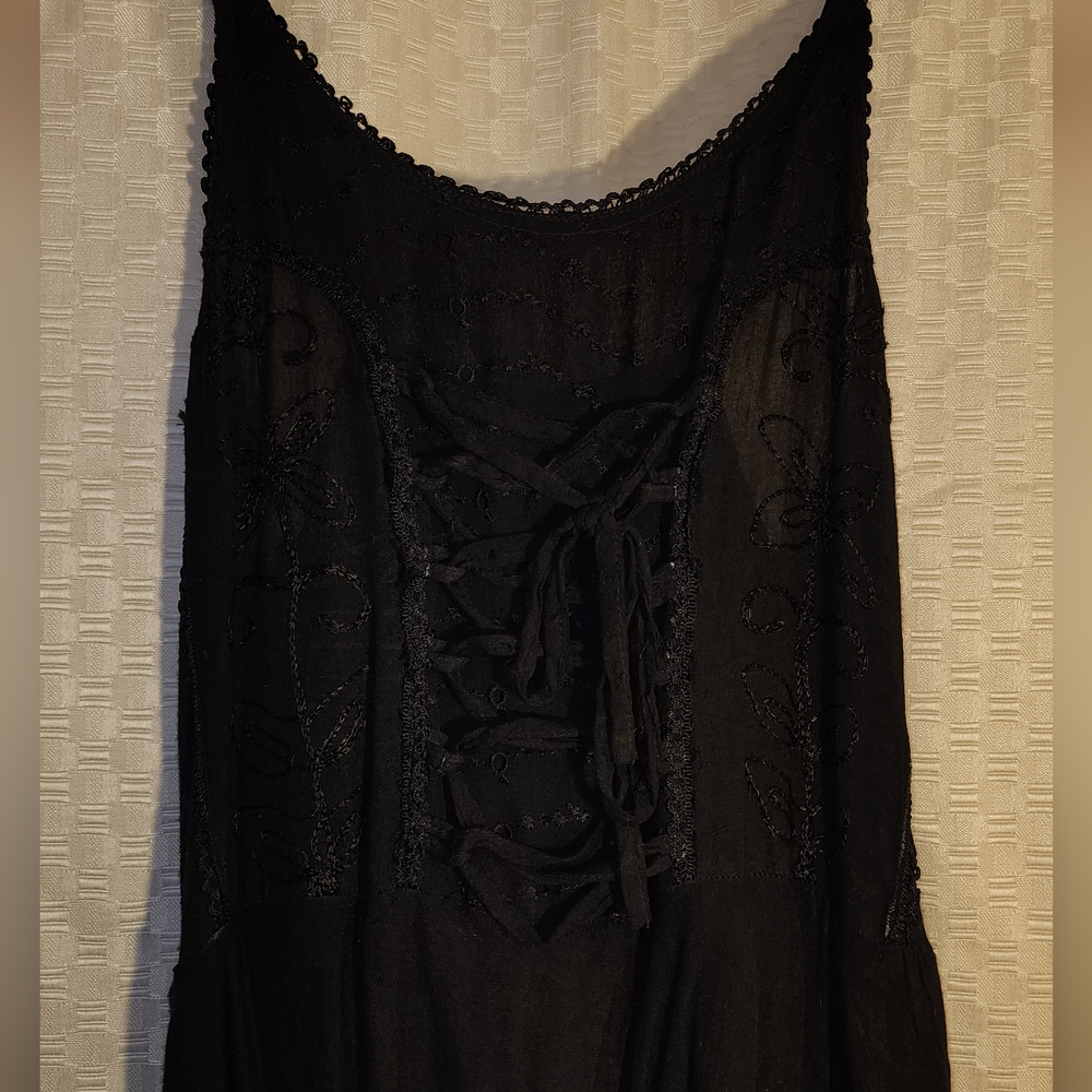 Women's Black Tie Front Emroidered Maxi Dress Boho Whimsygoth Stretchy - Picture 3 of 6